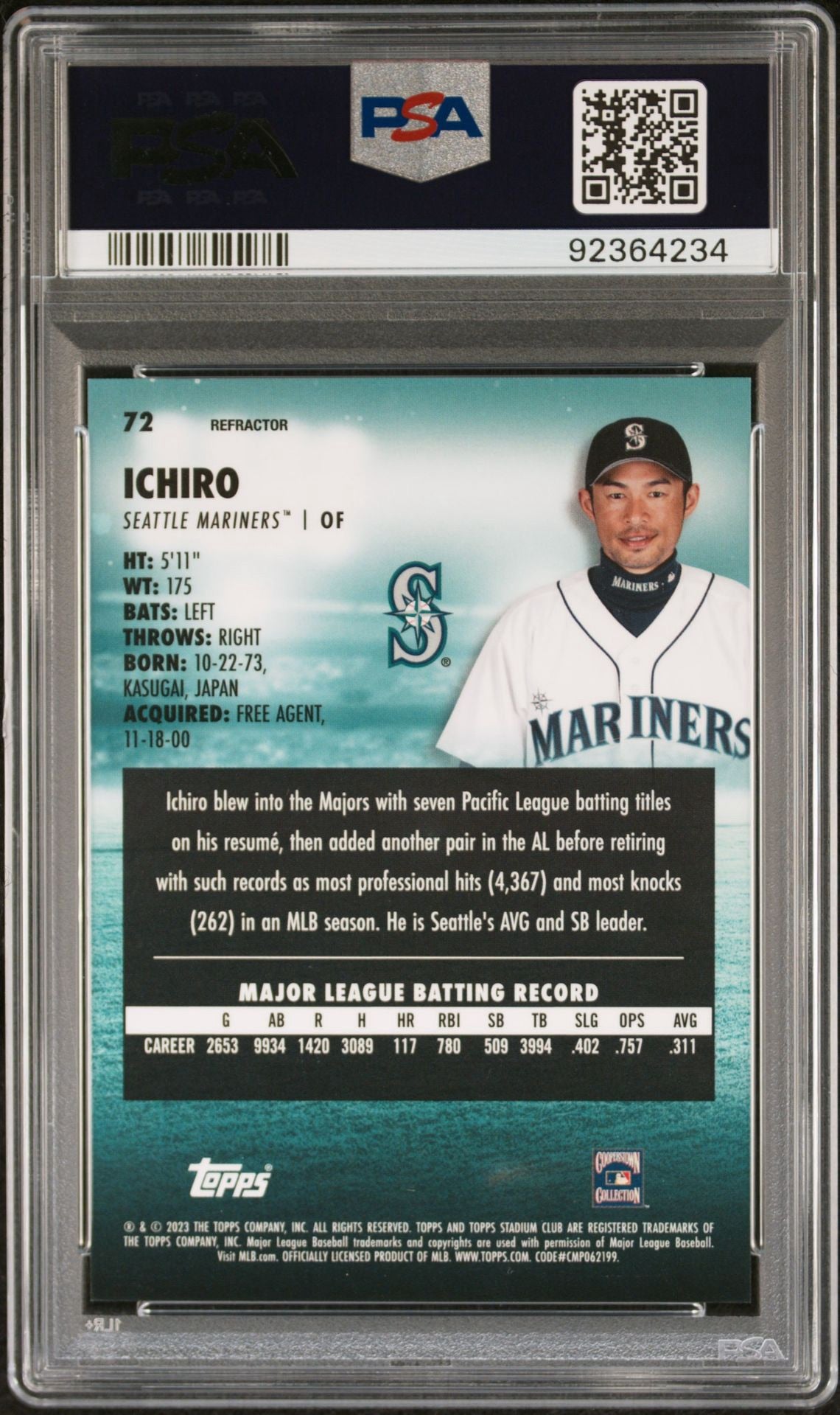 2023 Ichiro Stadium Club #72 Chrome Refractor PSA 9